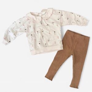 Pl Kids Cream Floral Peter Pan Collar Top with Brown Ribbed Leggings Set